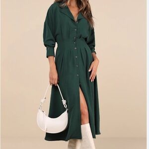 Lulu'sForest Green collared pleated Button-Up Midi Dress